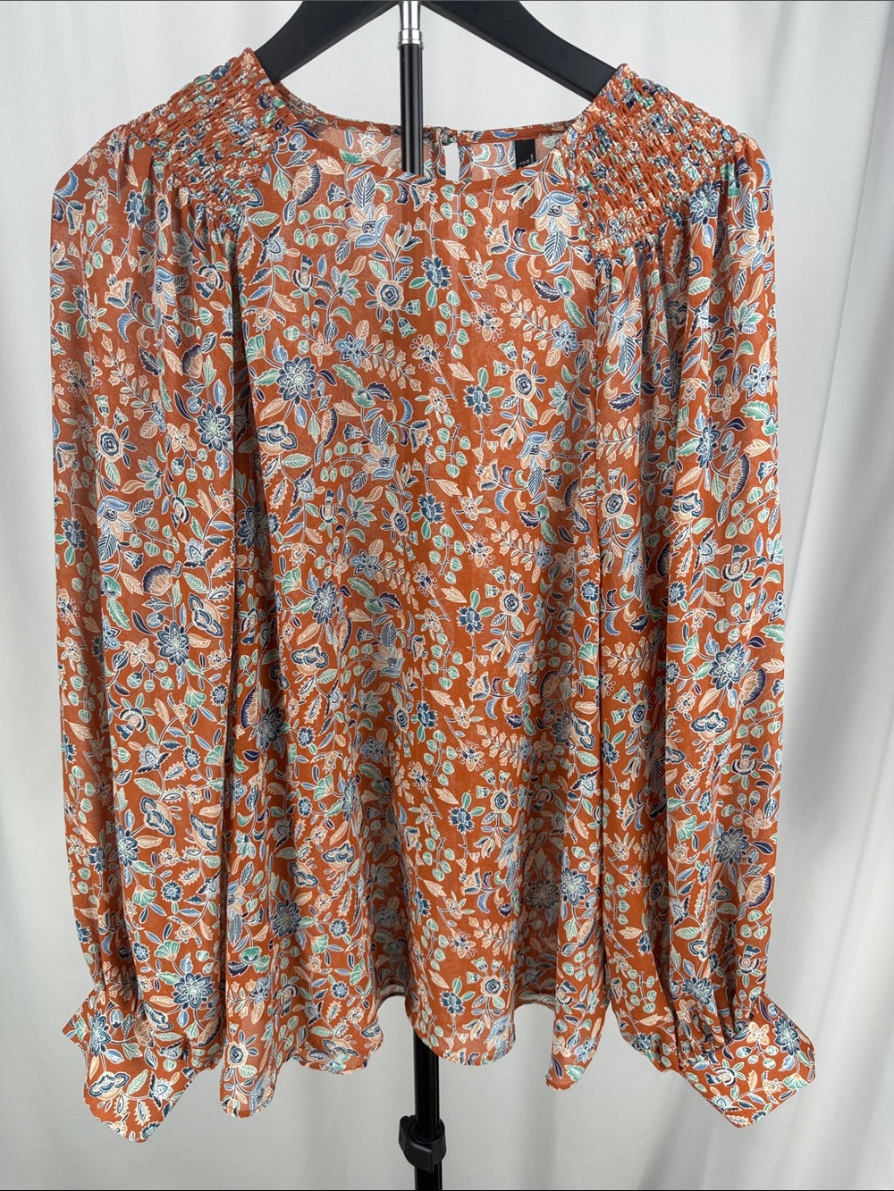 Mango Rust Floral Smocked-Neck Blouse